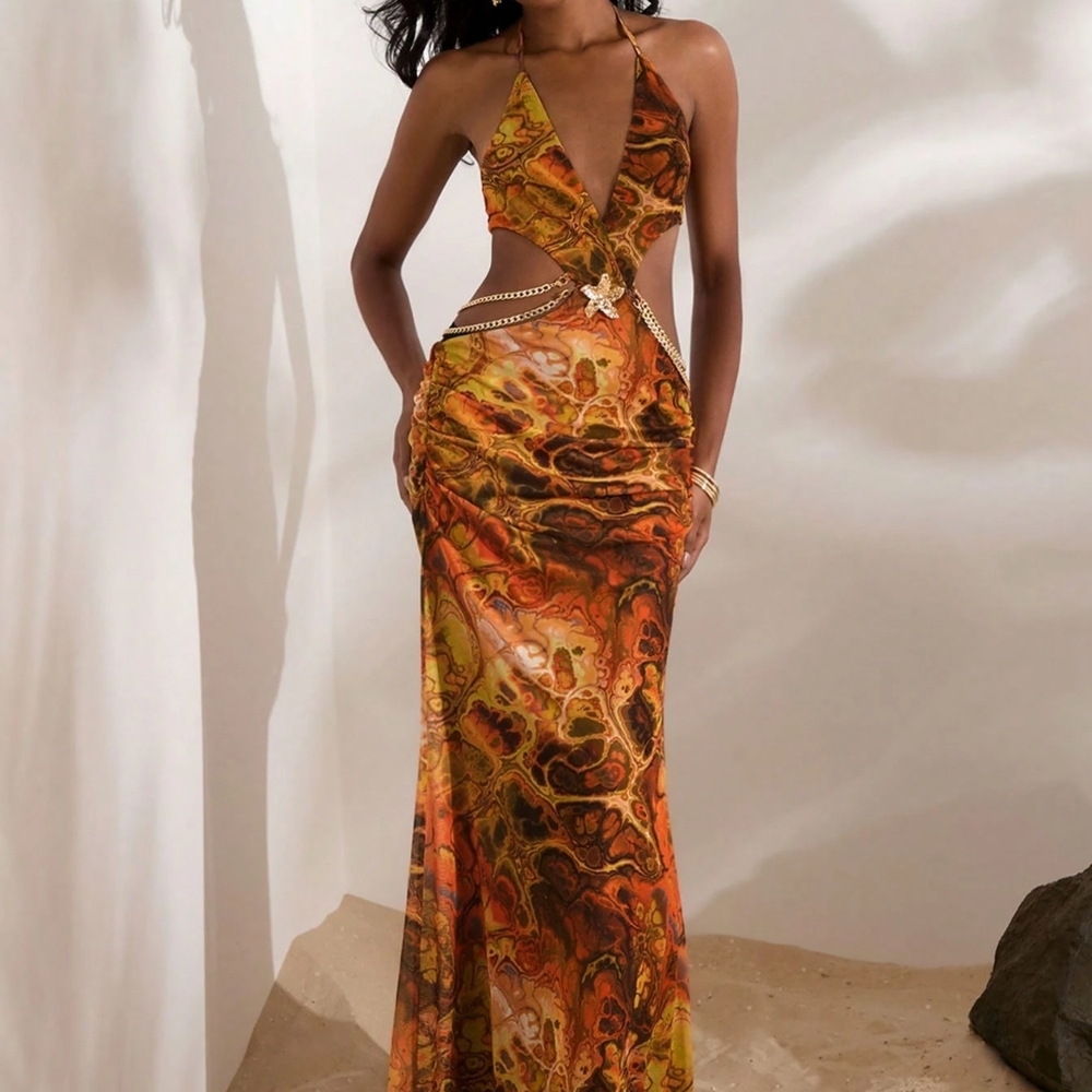 Elegant Multicolor Halter Dress,  Backless